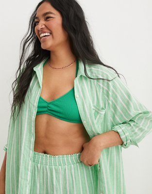 Aerie Pool-To-Party Linen Blend Cover Up Shirt