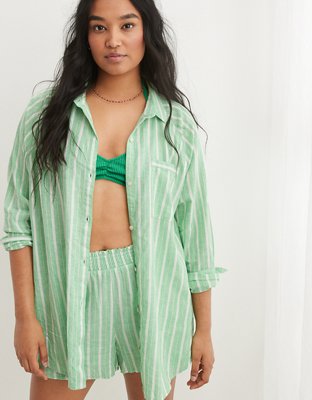 Aerie Pool-To-Party Linen Blend Cover Up Shirt