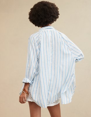 Aerie Pool-To-Party Linen Blend Cover Up Shirt