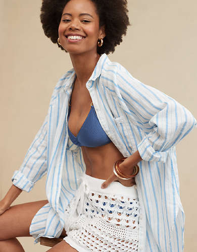 Aerie Pool-To-Party Linen Blend Cover Up Shirt