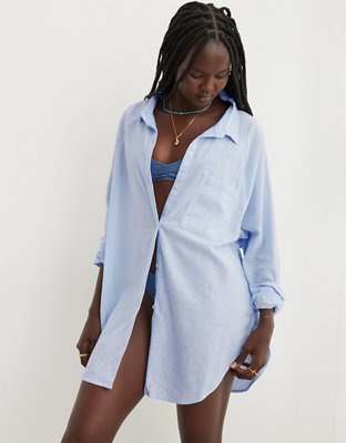 Aerie Pool-To-Party Linen Blend Cover Up Shirt