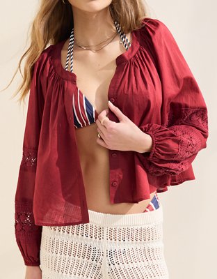 Aerie Long Sleeve Crochet Button Down Shirt