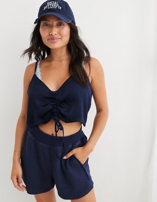 Aerie Top sin Mangas Cortado de Satén con Fruncido