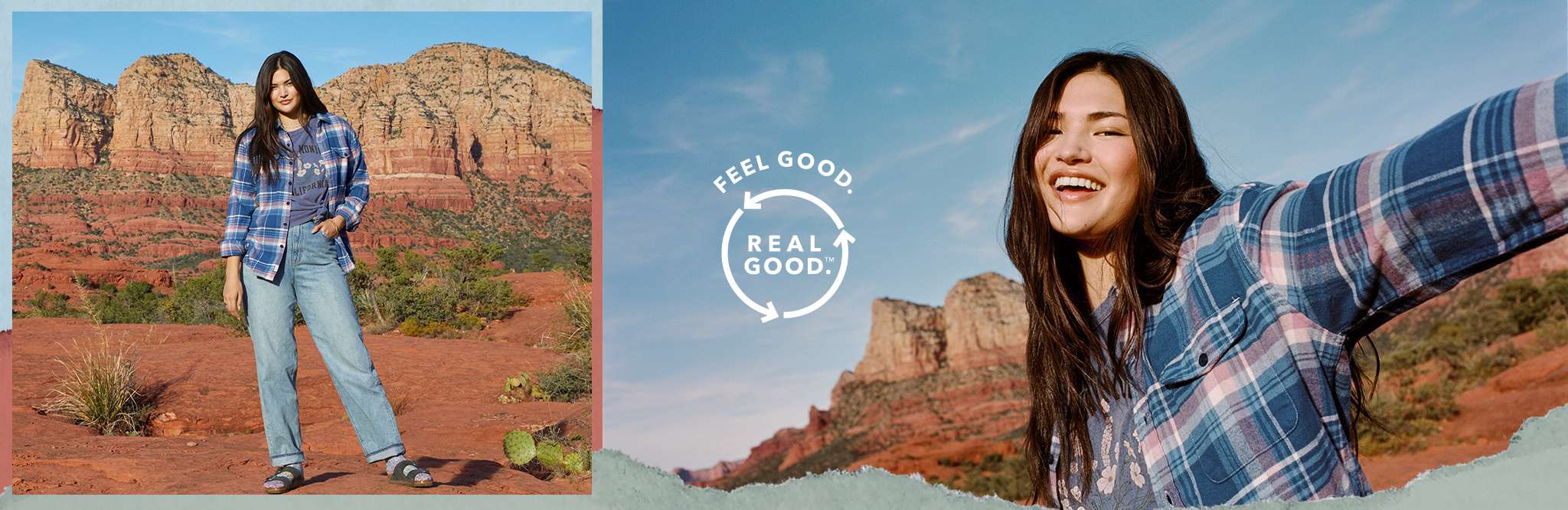 woman standing on red rock wearing real good jeans and flannel