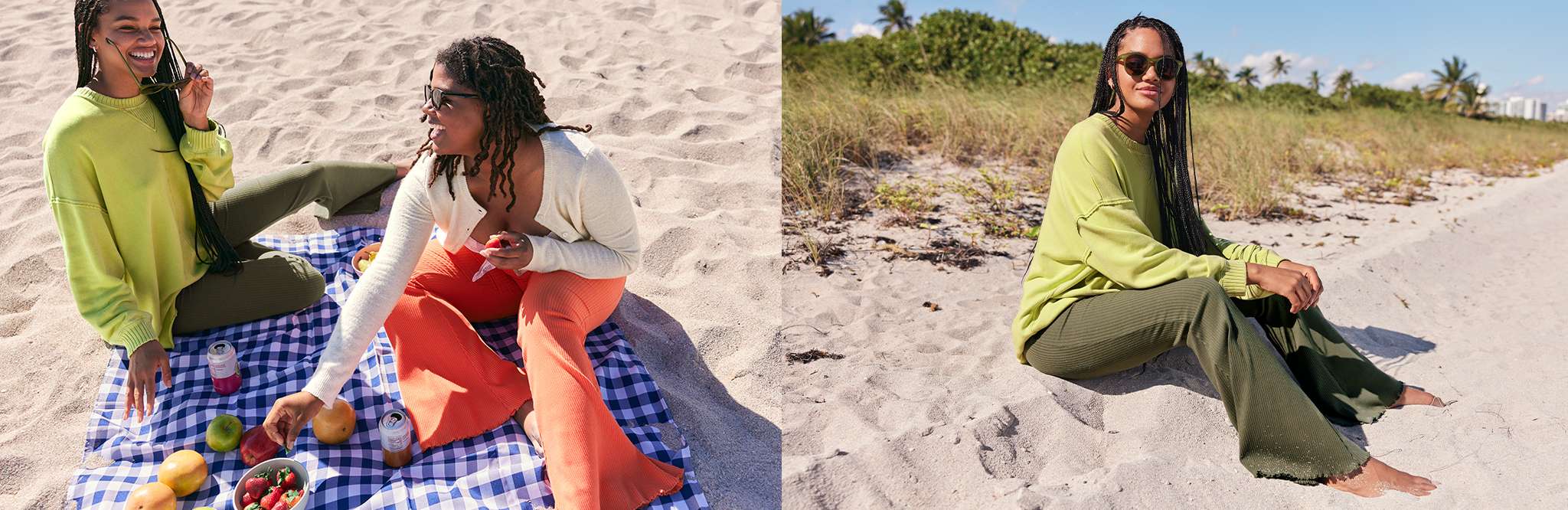 two girls sitting in the sand wearing flare pants and aerie tops