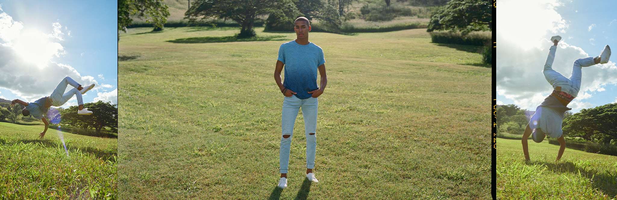 man posing in front of bushes wearing airflex 360 jeans