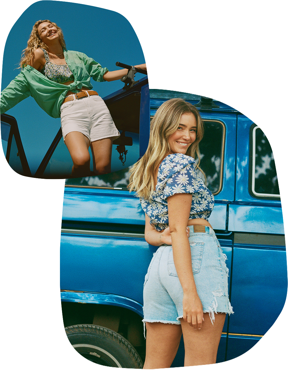 two images, first is of girl in white shorts with a blue tank top and green long sleeve button up top, second is girl in denim shorts and floral cropped top