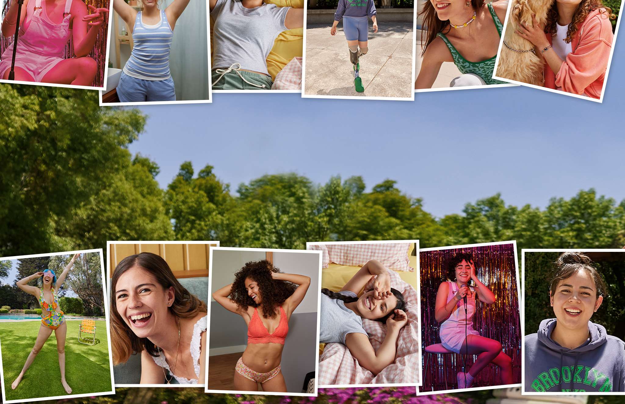 blue sky with various images of women wearing Aerie collection