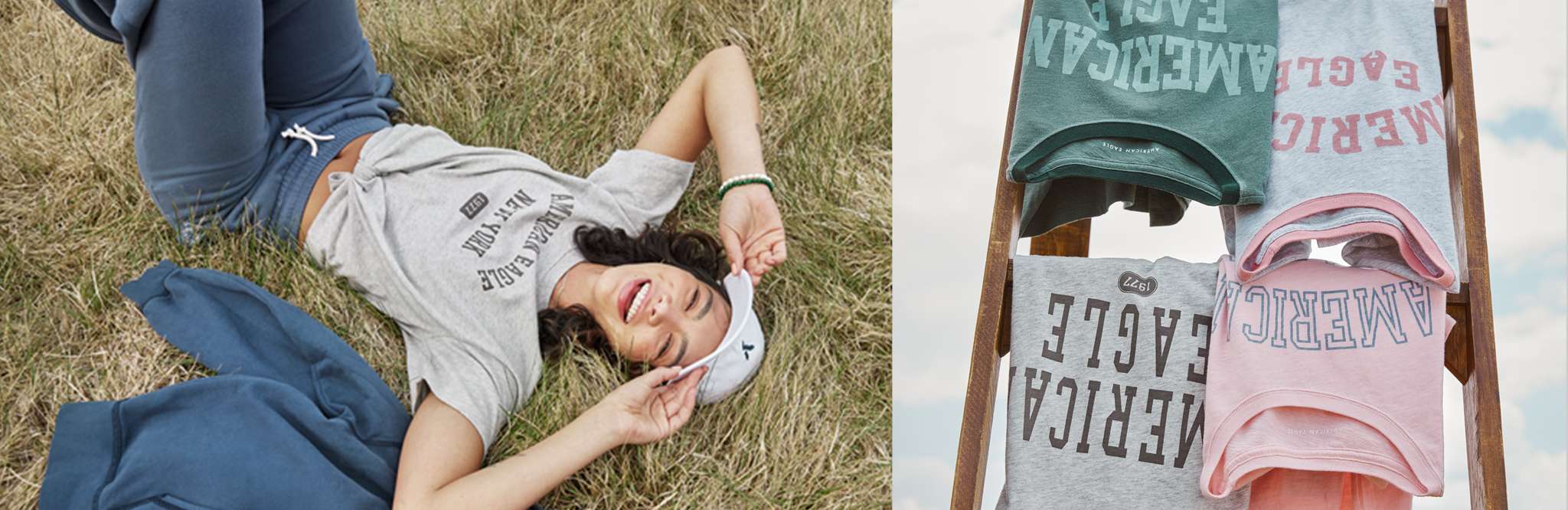 woman posing in grass wearing AE graphic tee