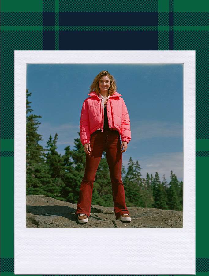 womens outfit featuring color blocked pink puffer jacket and pink trousers