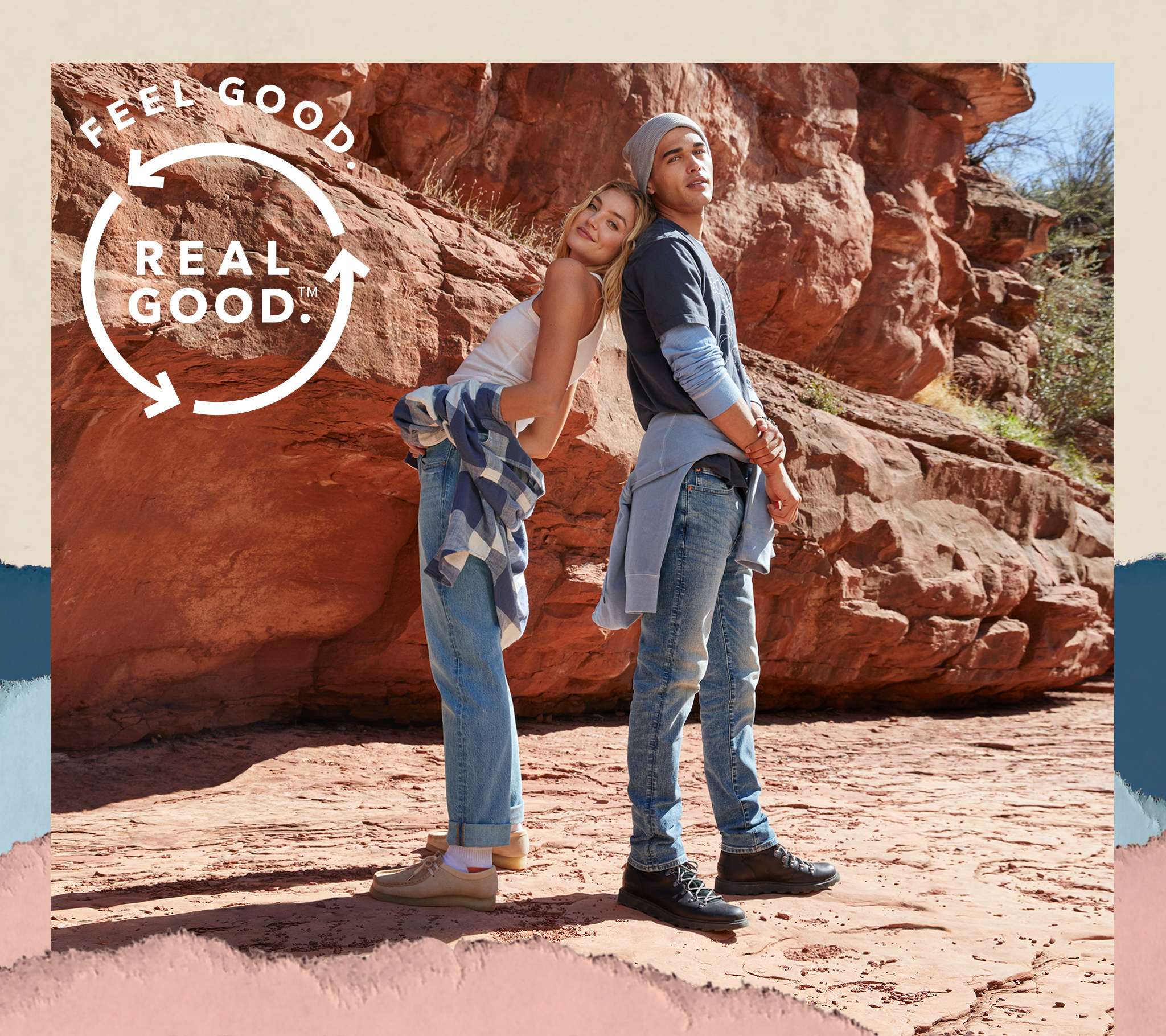 boy and girl standing on red rocks wearing AE clothing