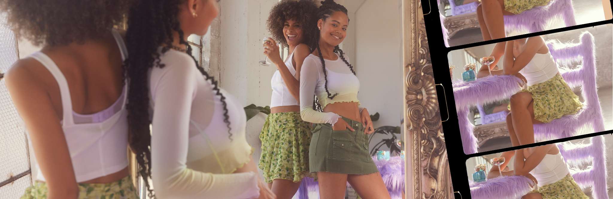Two models in cropped tops and skirts
