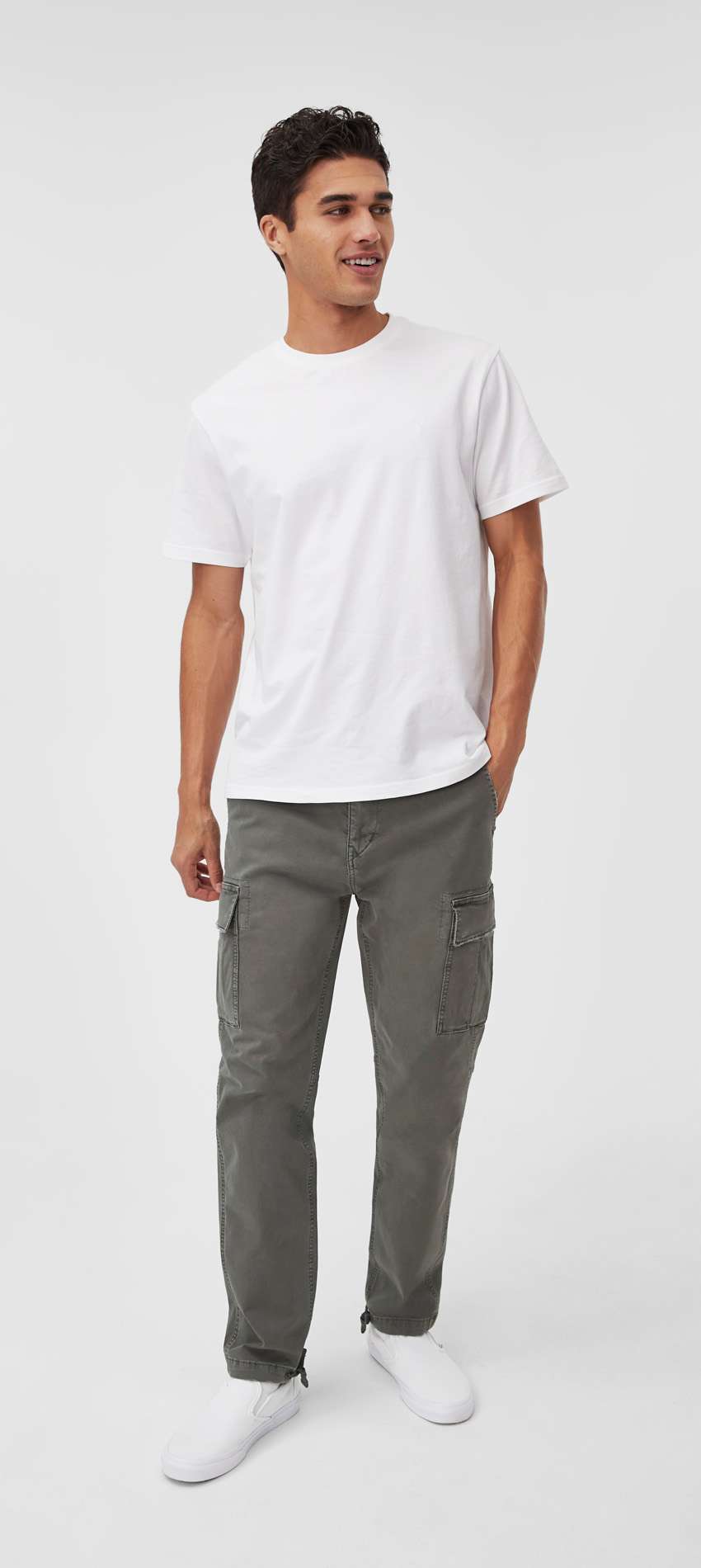 model wearing cargo pants and white t-shirt