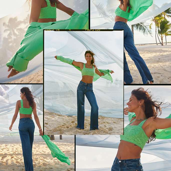 collage of photos of a model wearing jeans and green top on the beach