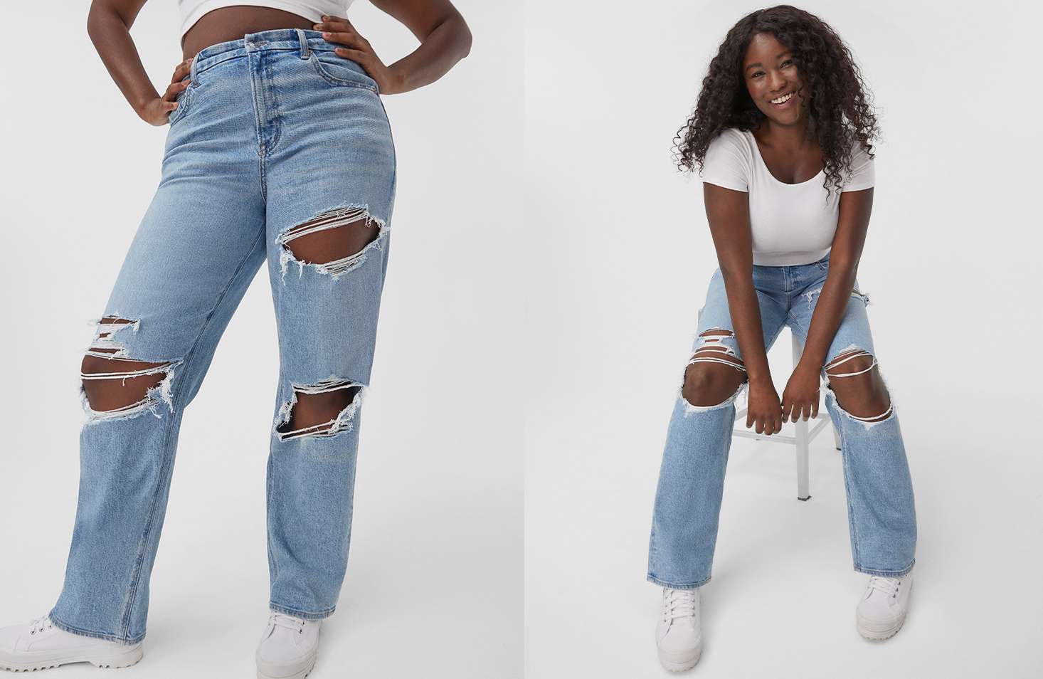 Tatiana is 5'9" and wearing the Curvy '90s Straight Jean in a size 12 Long.		