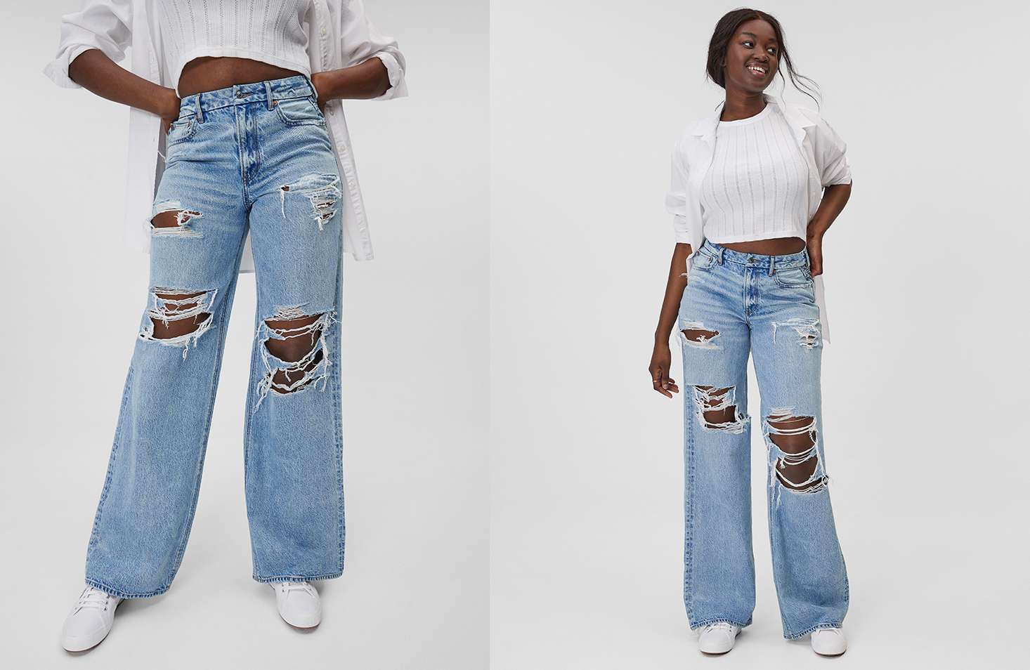 Mari is 5'10" and wearing the Curvy Super High-Waisted Baggy Wide-Leg Jean in a size 6 X-Long.