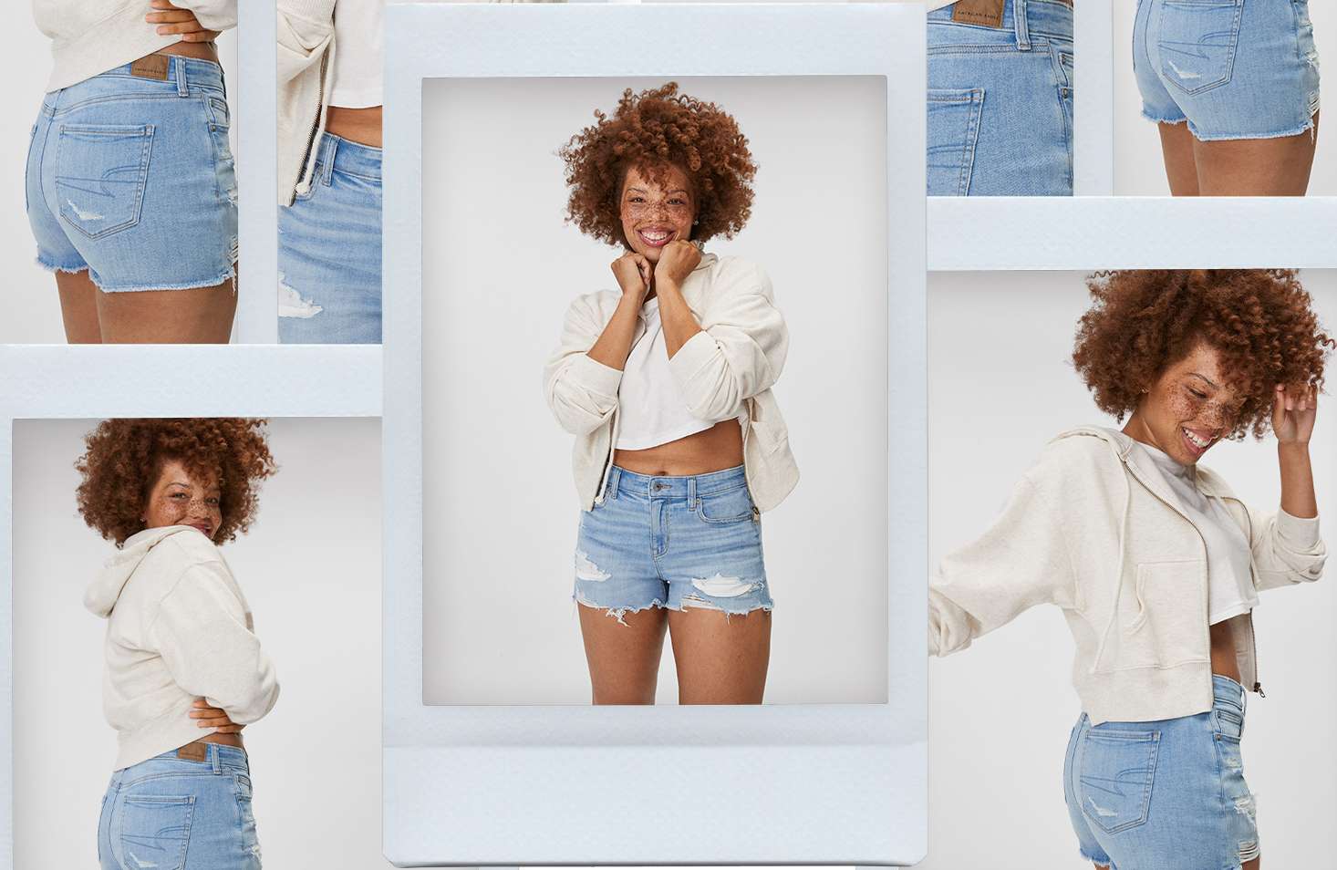 Model in AE low rise short shorts in different poses