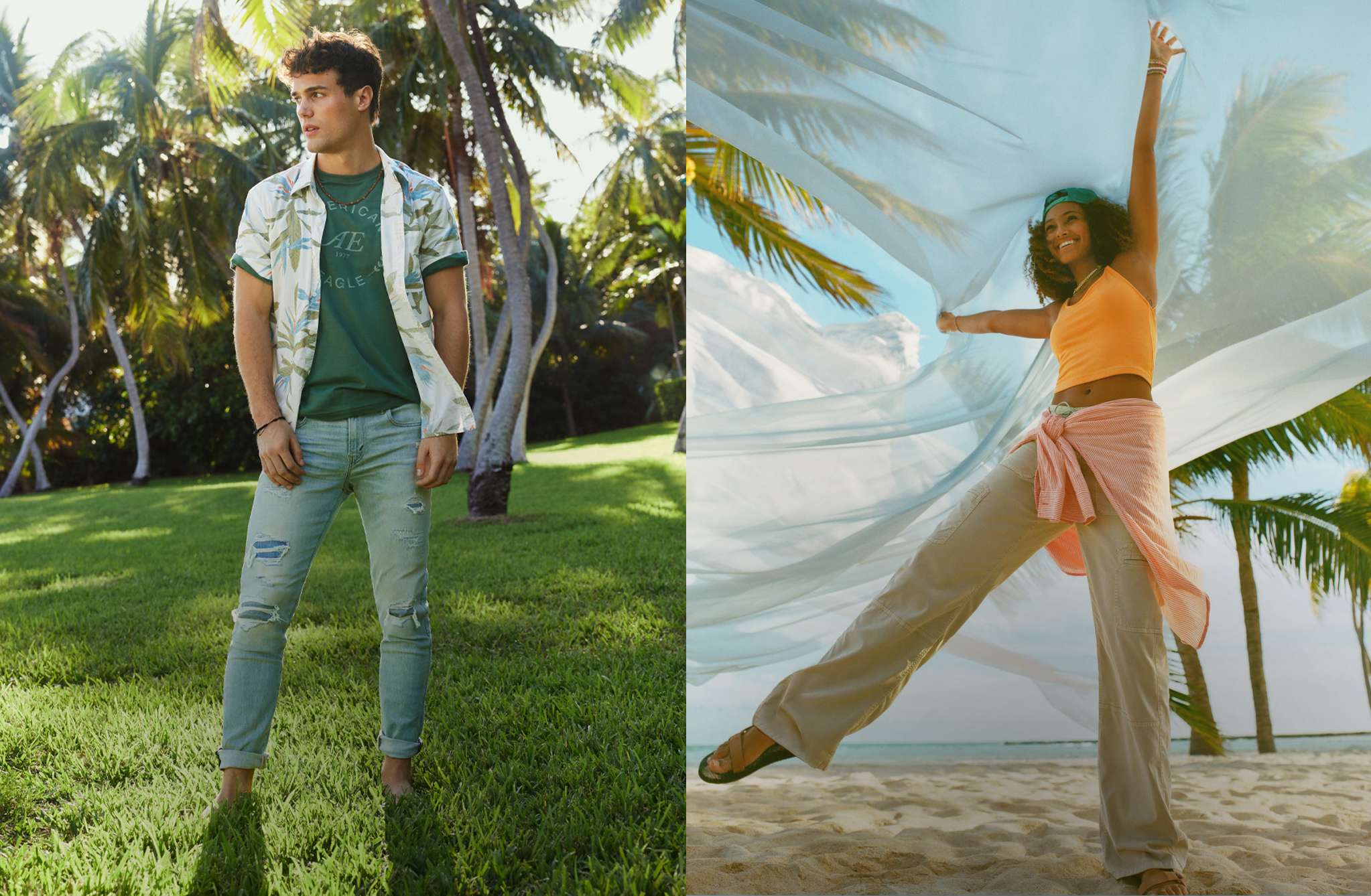 model wearing athletic fit jeans and model wearing dreamy drape pants