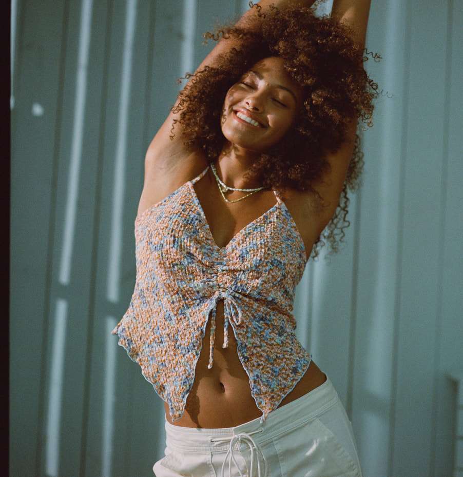 model wearing floral crop top