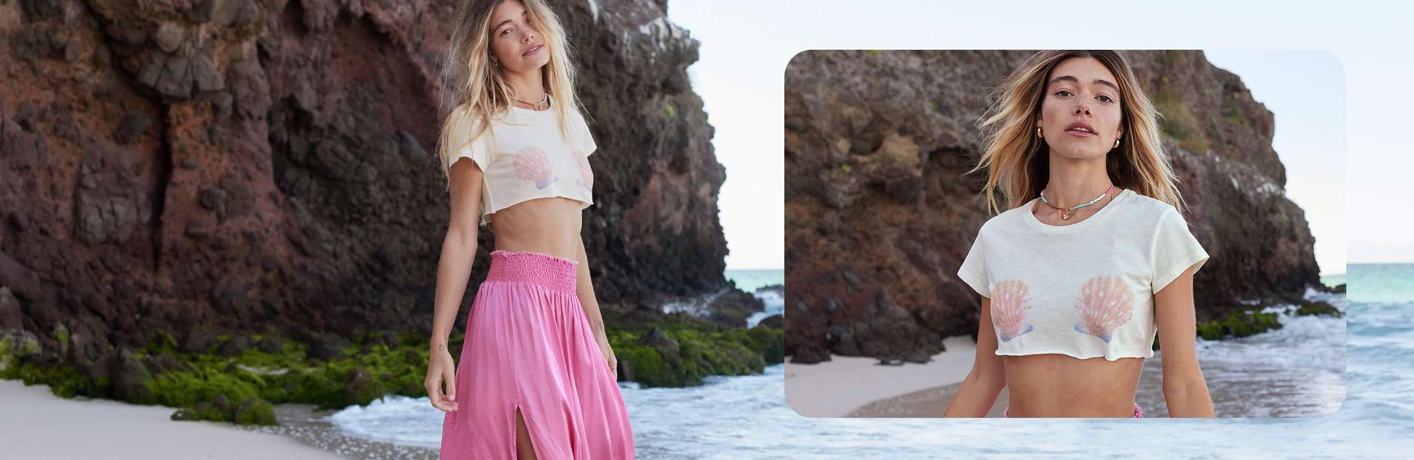 model in white cropped top and pink skirt on the beach