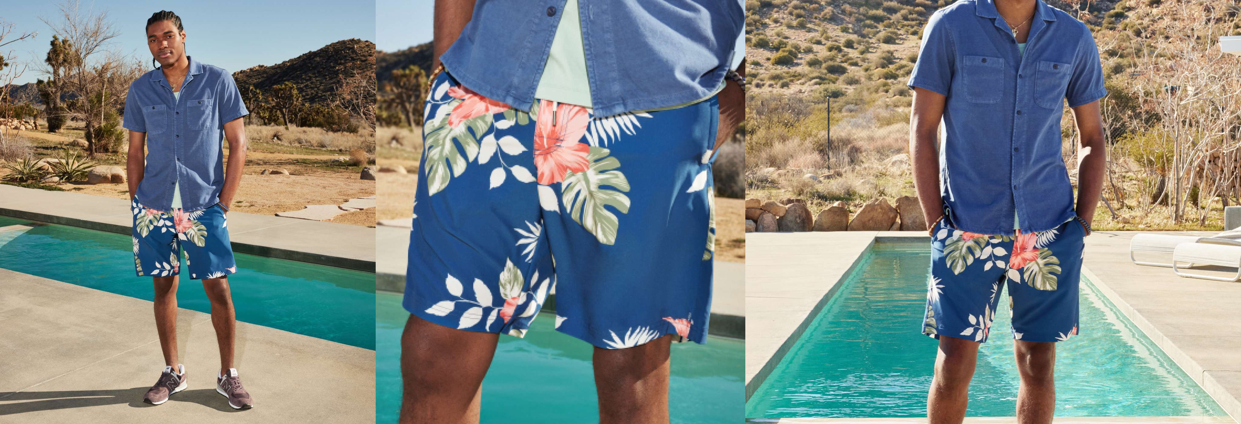 blue swim trunks with floral print