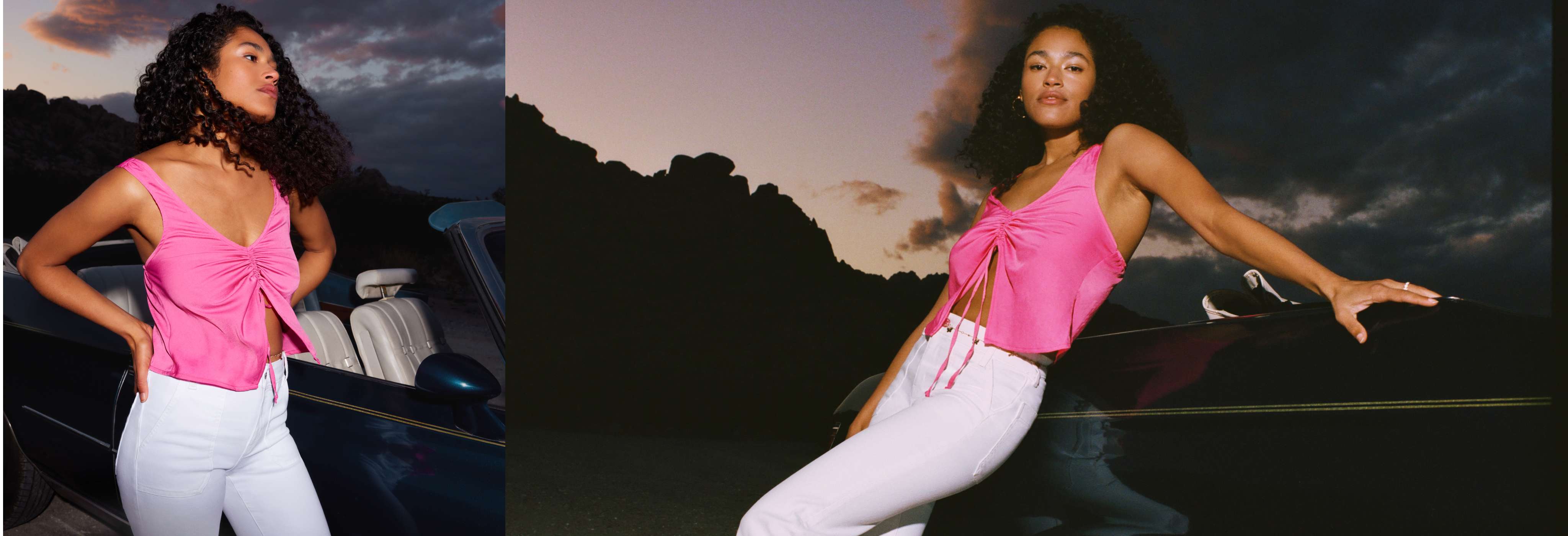 model in white denim and pink top