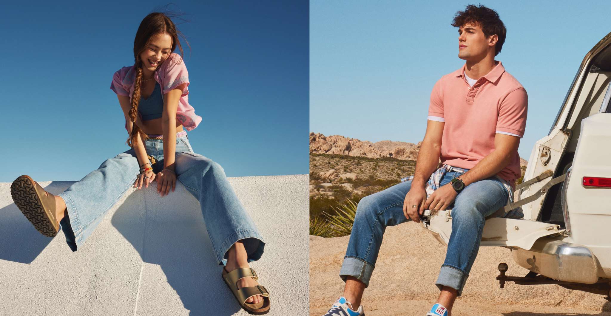 dual image of models wearing AE jeans