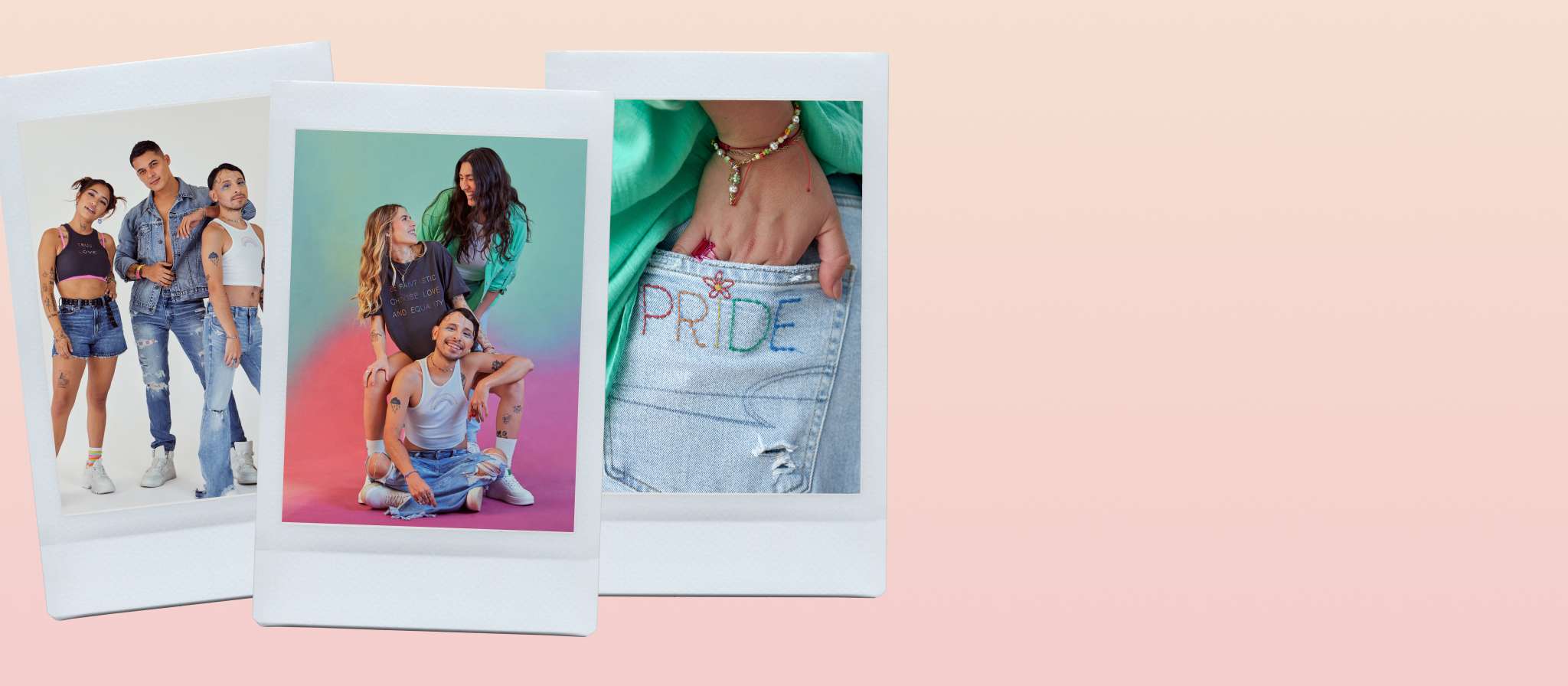 3 polaroid photos of models wearing AE Pride Collection