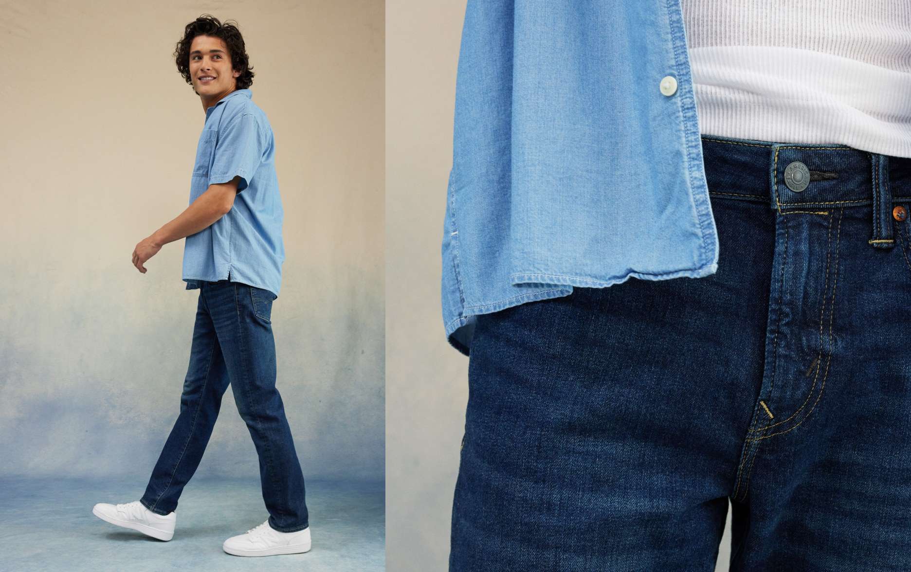 Liam mesure 6 pi et porte le jean étroit droit de taille 30 x 32.