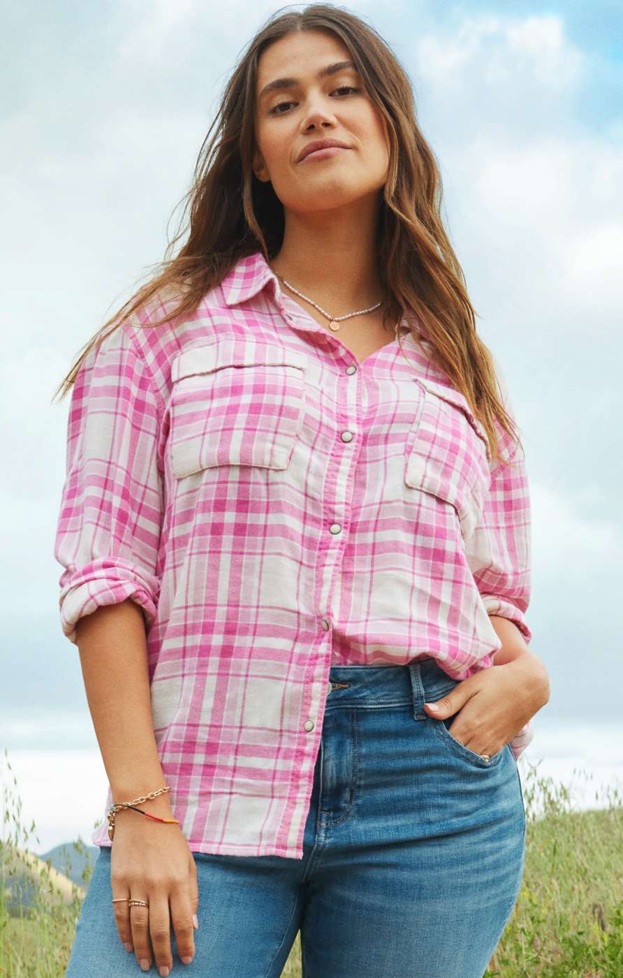 model in pink flannel