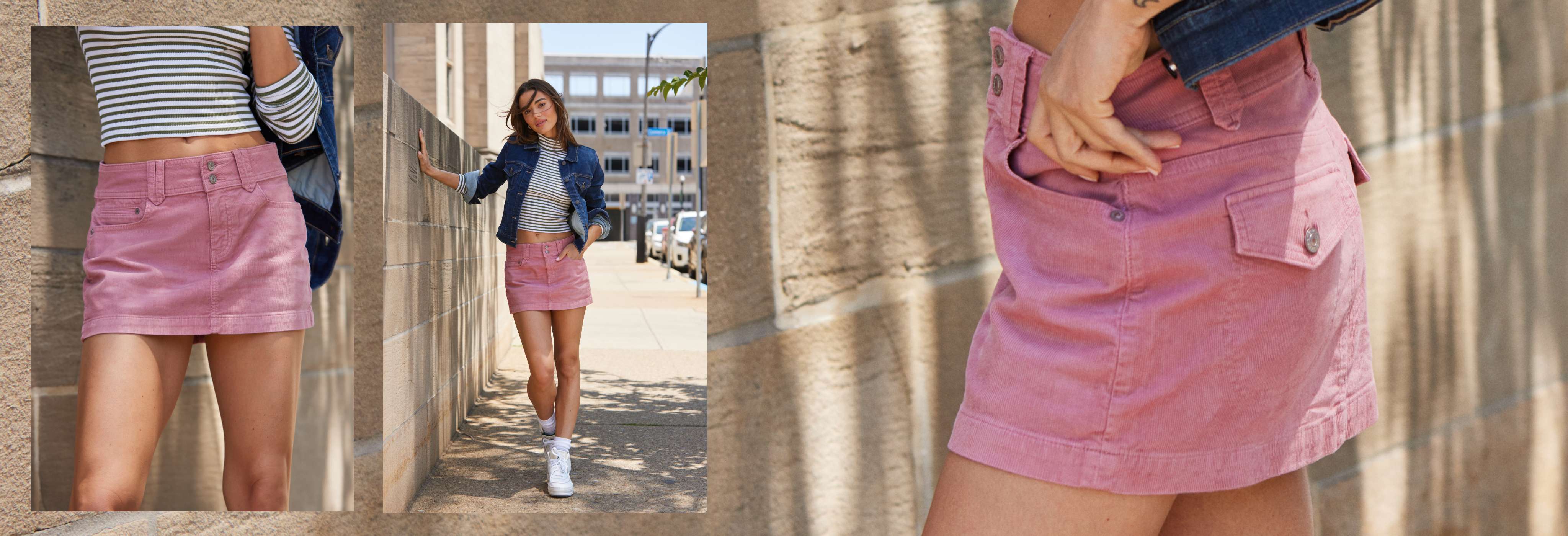 Model in pink AE skirt