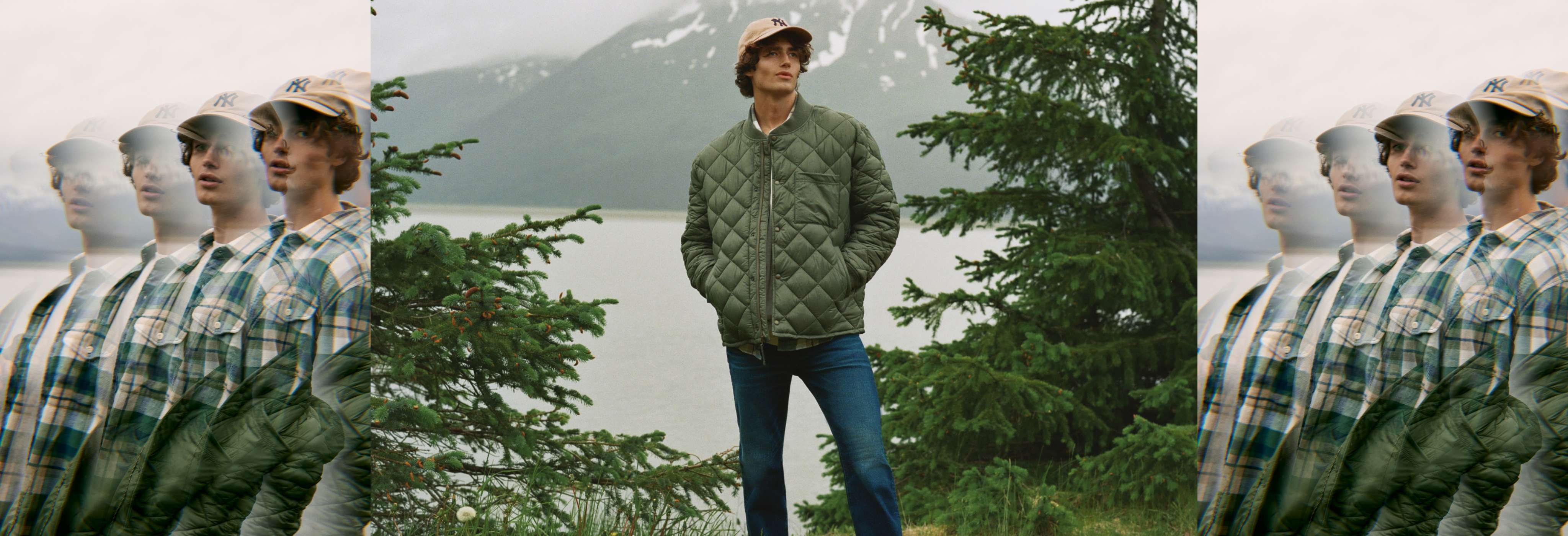 Model in men's green quilted jacket with hat and jeans
