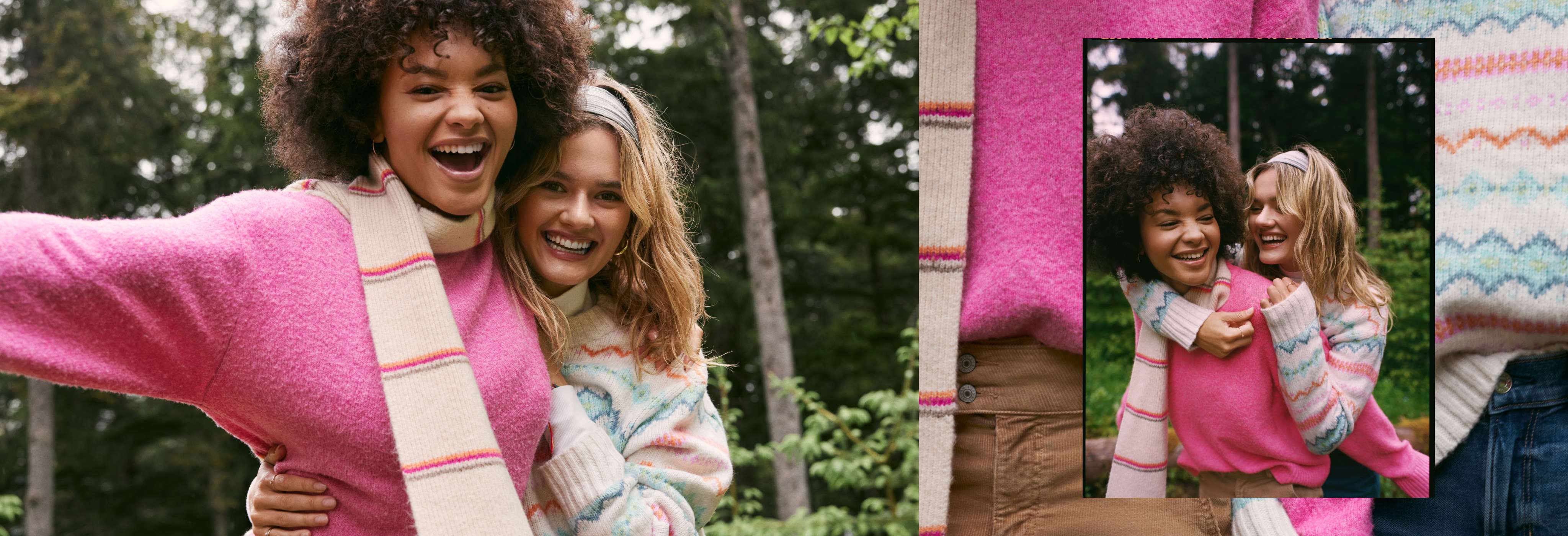 2 Models in pink and striped sweaters