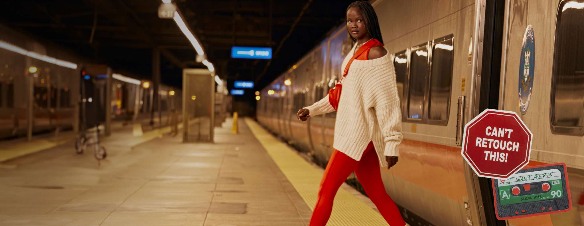 Model in offline leggings and aerie sweater in subway