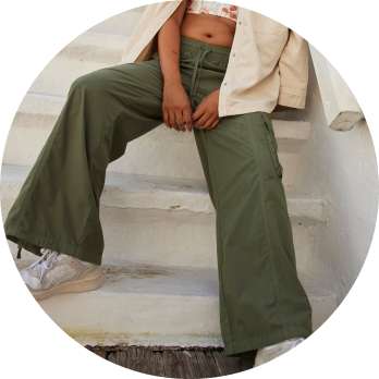 close up of model in green pants