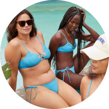 models in blue two piece swimsuits
