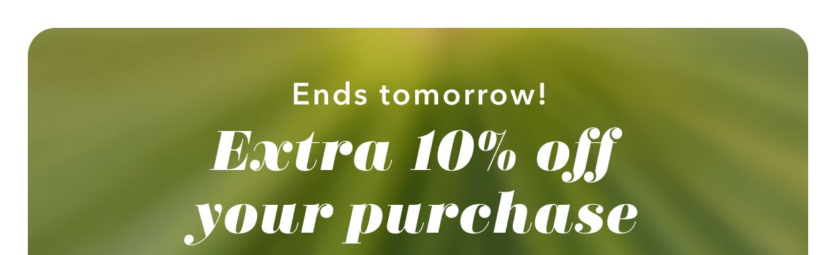 Ends tomorrow! Extra 10% off your purchase