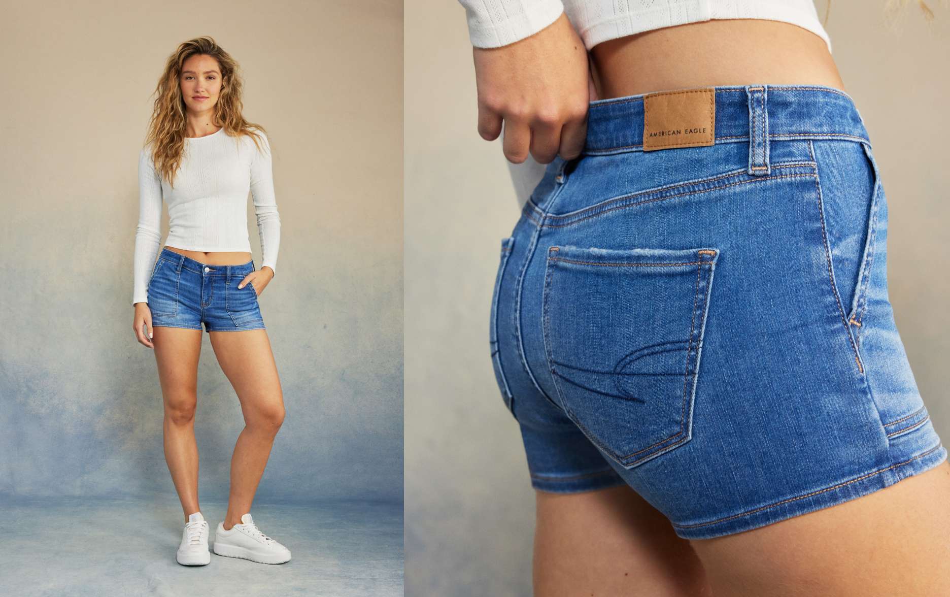 model in denim shorts and white long sleeve top