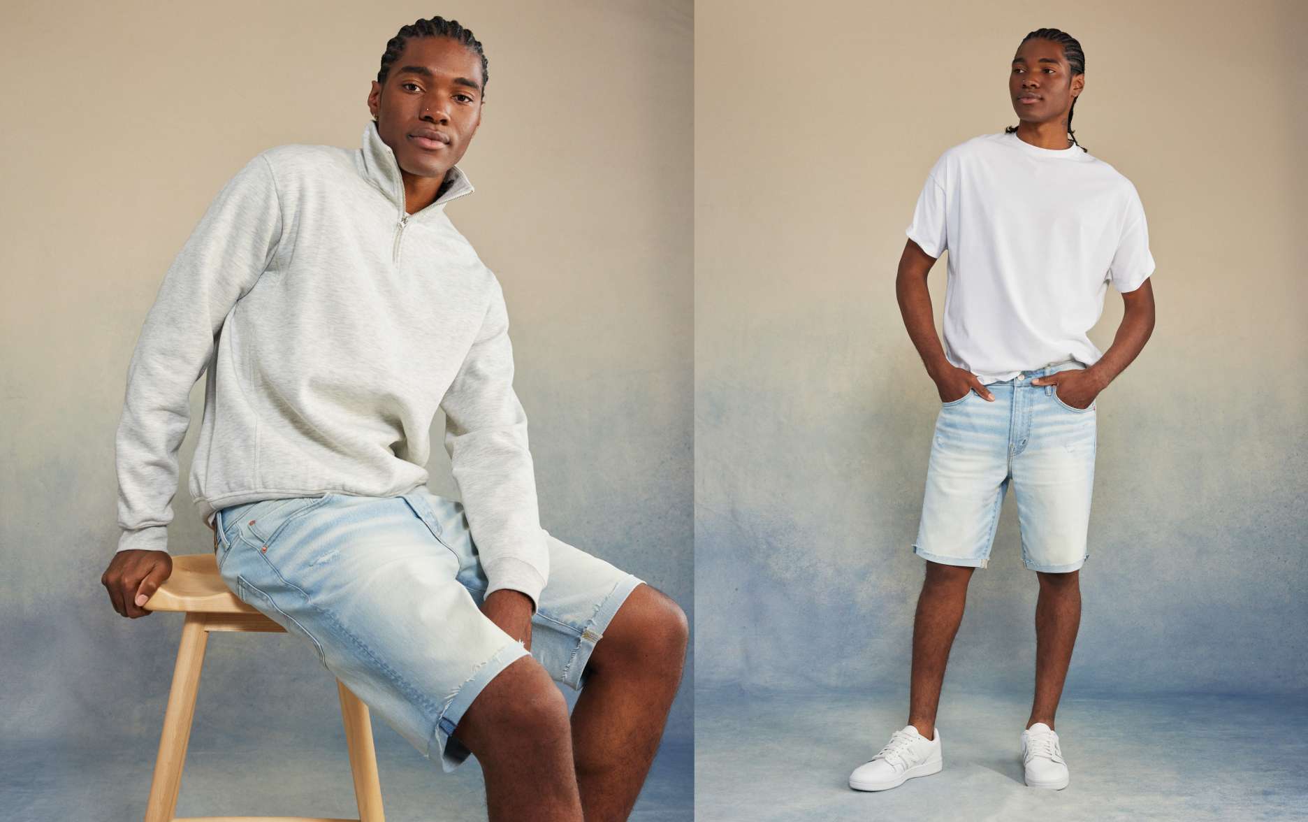 model in light denim shorts and white top