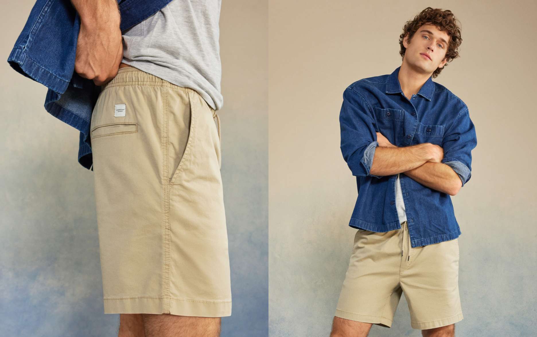 Model in tan shorts with white shirt and blue button up