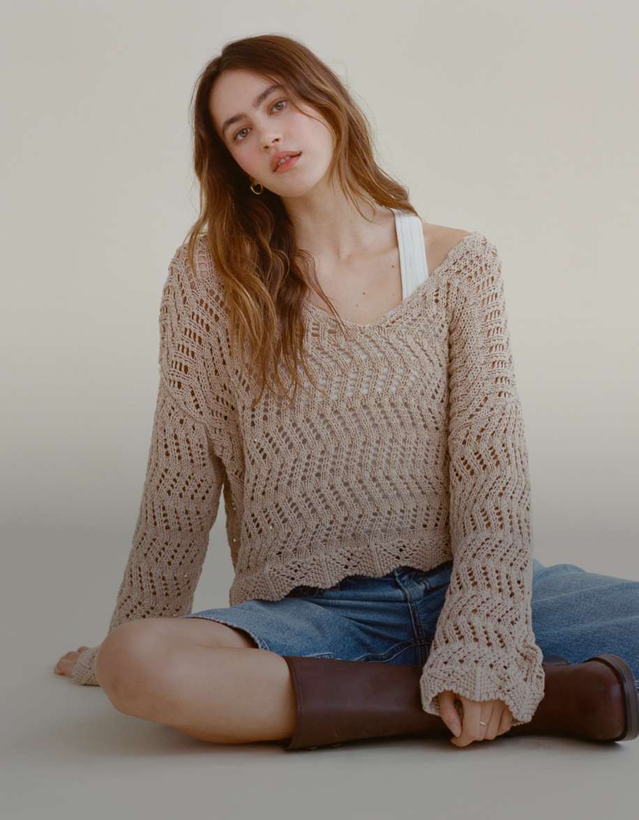 Easygoing Cutie Beige Pointelle Knit Sweater Top