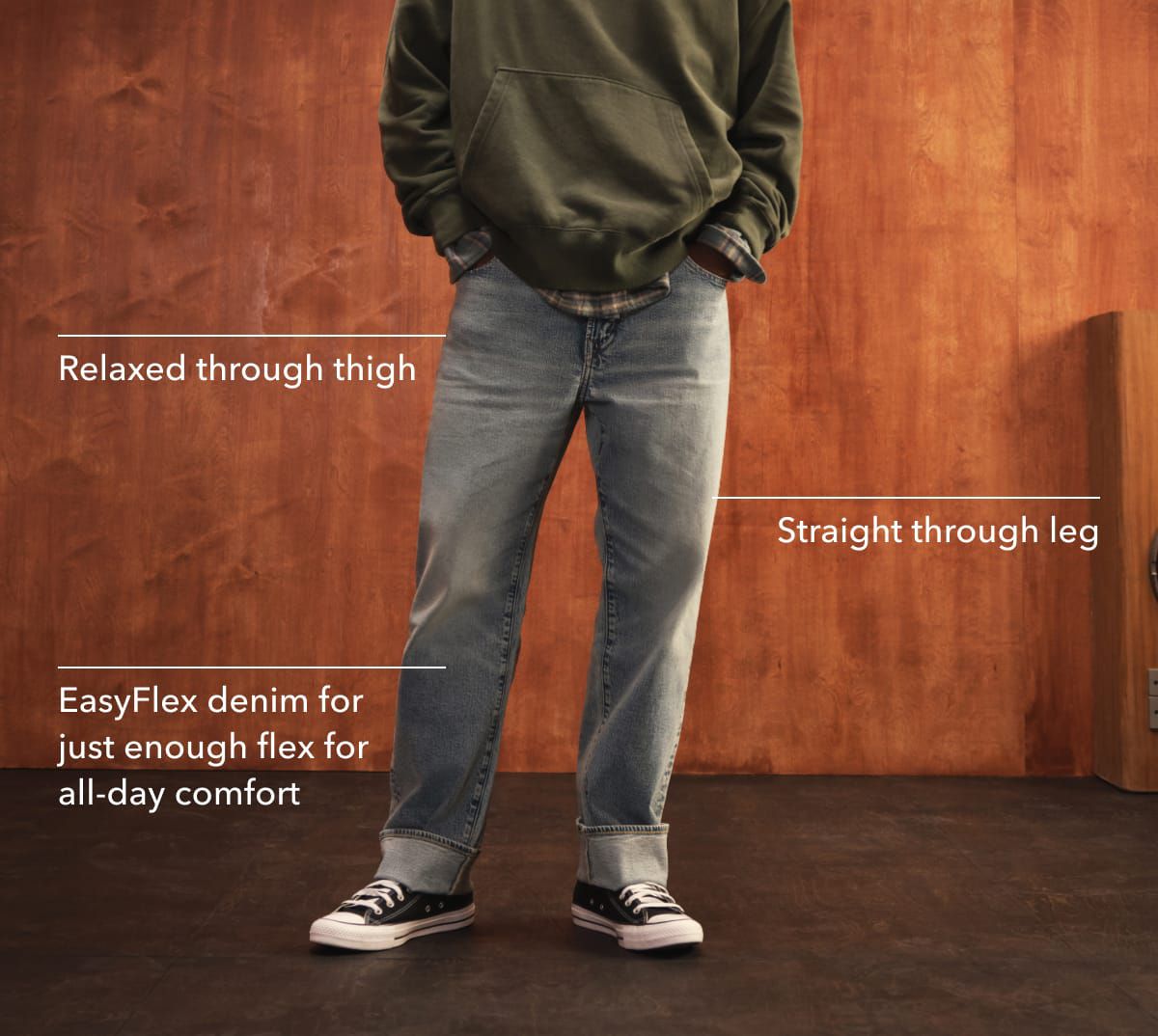 Relaxed through thigh  | Straight through leg  | EasyFlex denim for just enough flex for all-day comfort