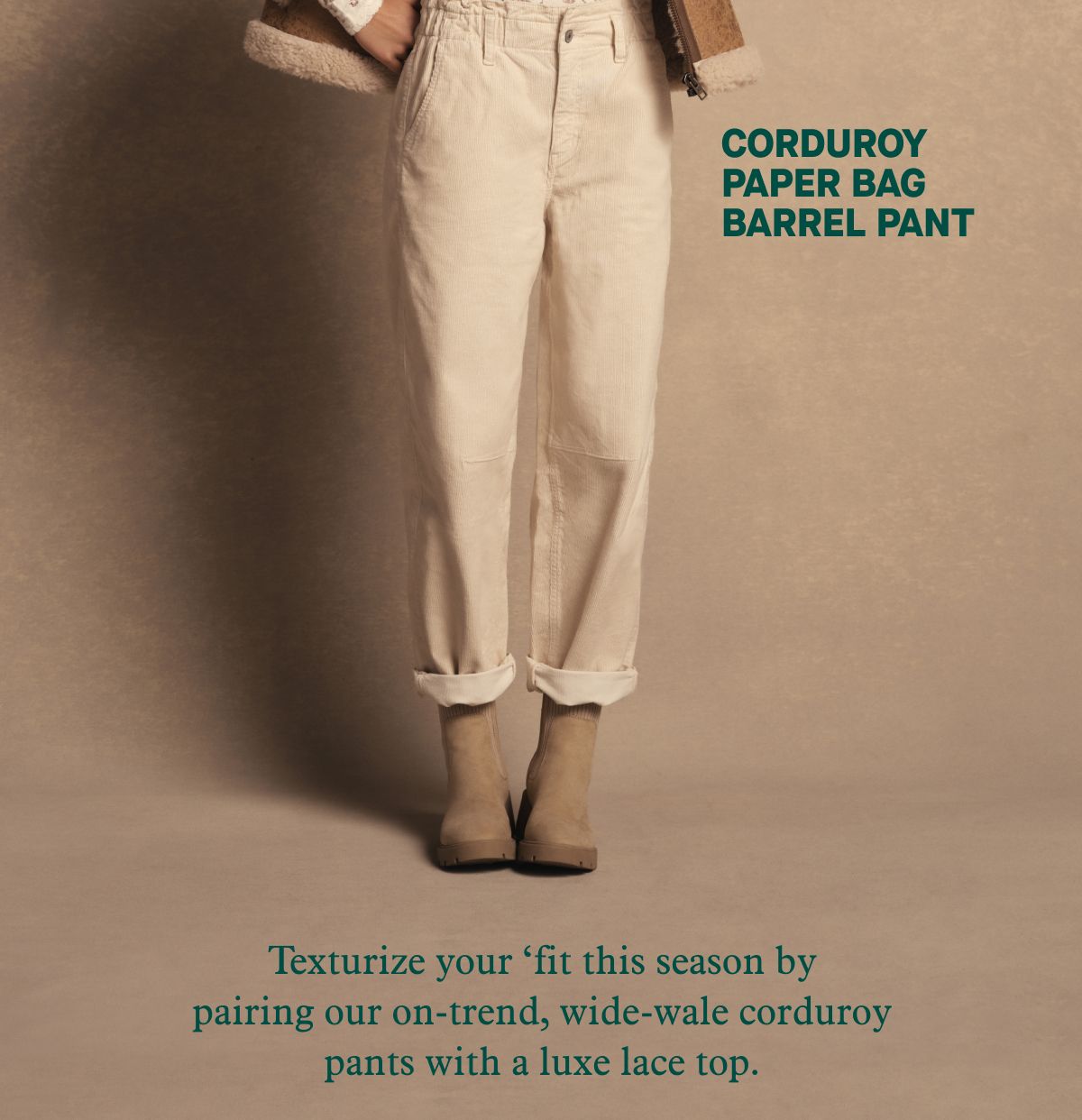 Corduroy Paper Bag Barrel Pant | Texturize your ‘fit this season by pairing our on-trend, wide-wale corduroy pants with a luxe lace top.