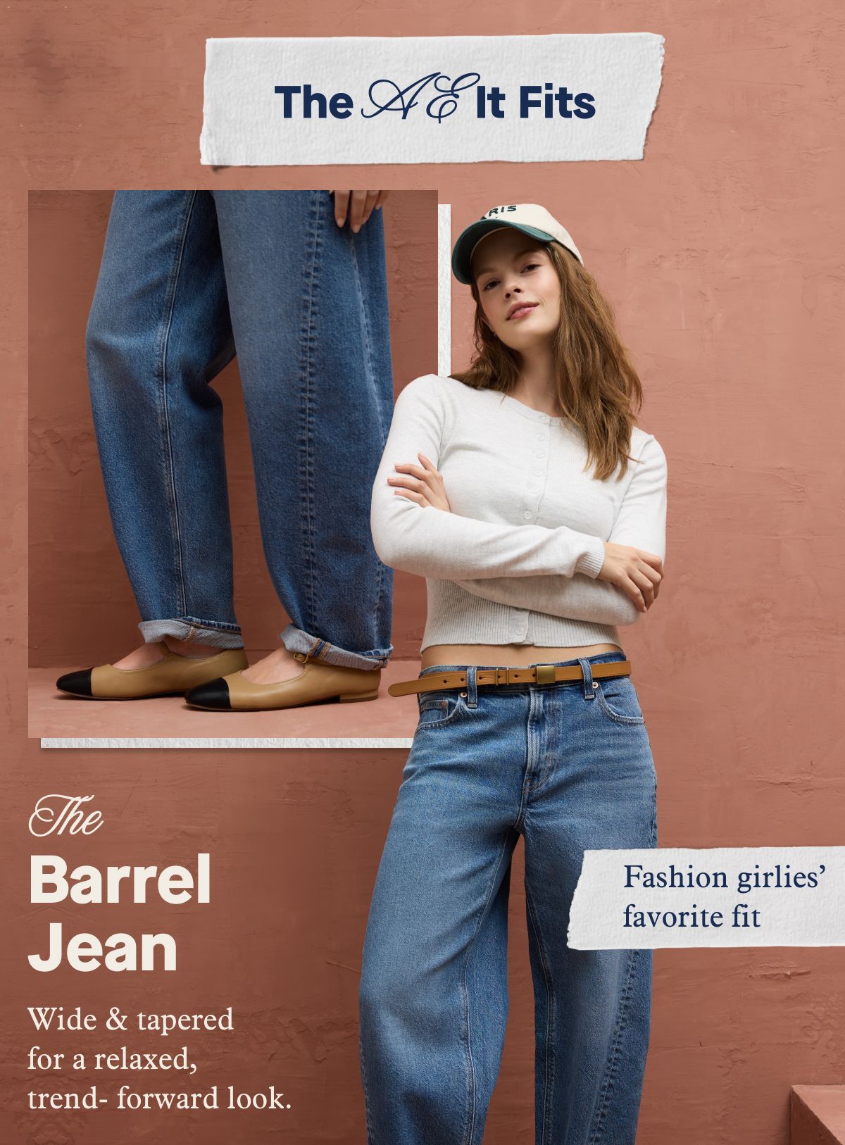 The AE It Fits | The Barrel Jean Wide & tapered for a relaxed, trend-forward look. Fashion girlies’ favorite fit