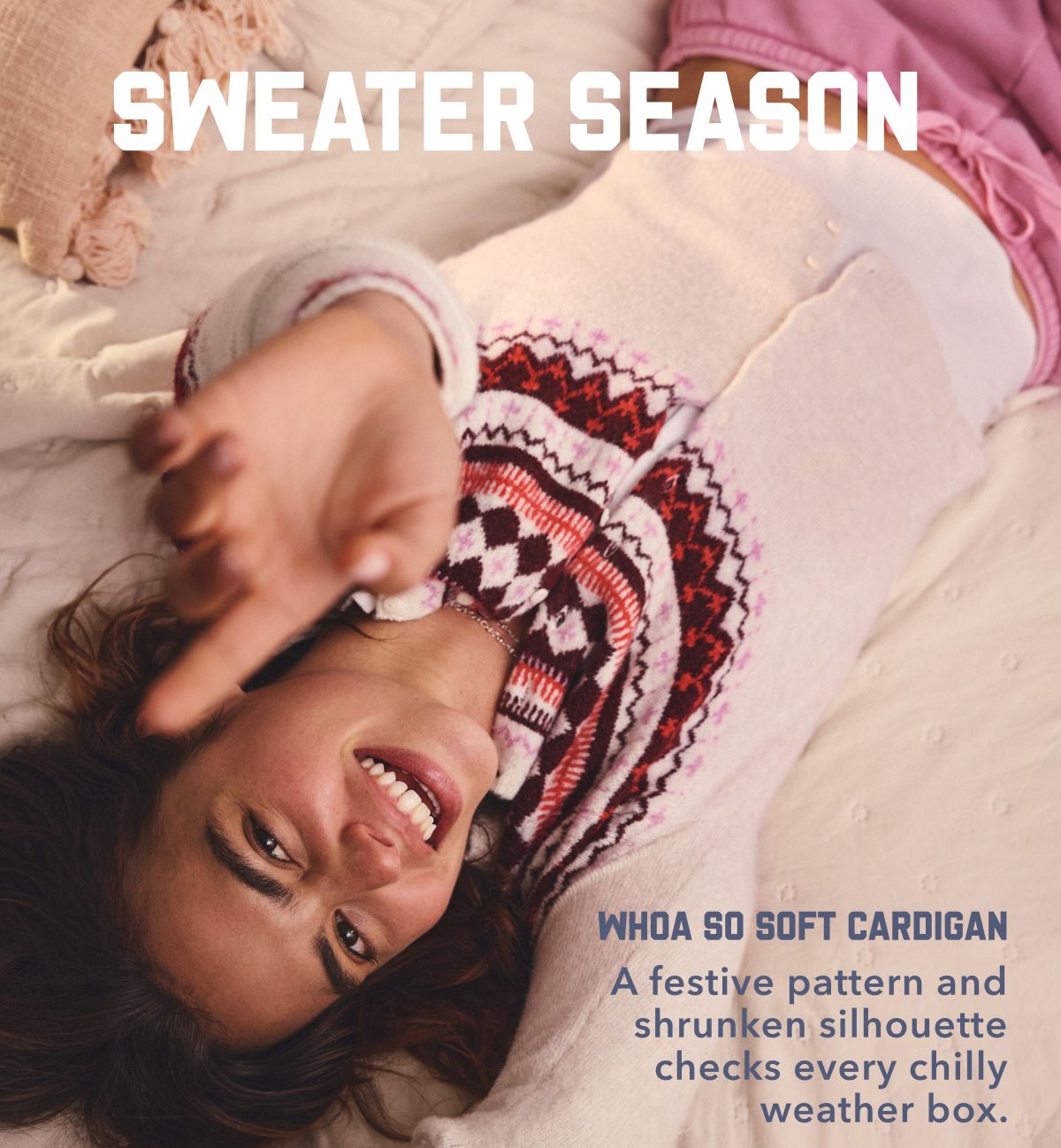 Sweater Season | Whoa So Soft Cardigan | A festive pattern and shrunken silhouette checks every chilly weather box.