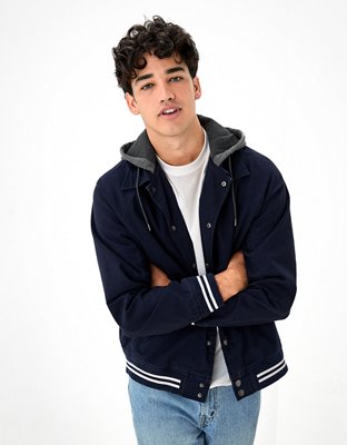 Hooded varsity jacket online mens