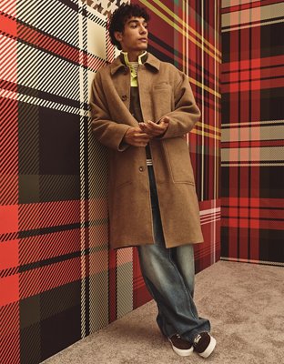Мужское пальто American Eagle AE Wool-Blend Topcoat, цвет: Средний коричневый — фото 1