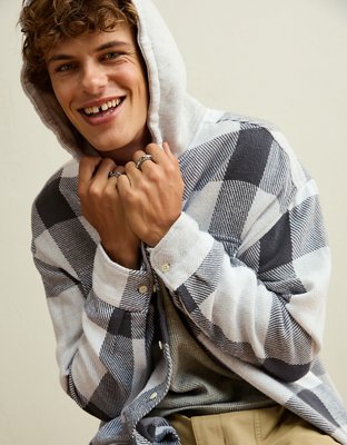 Мужской топ American Eagle AE Relaxed Fit Hooded Flannel, цвет: Чёрный — фото 8