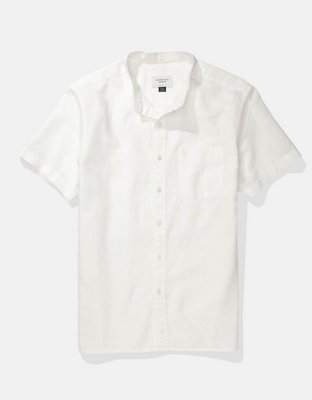 AE Short-Sleeve Band Collar Linen Button-Up Shirt