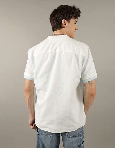AE Short-Sleeve Band Collar Linen Button-Up Shirt